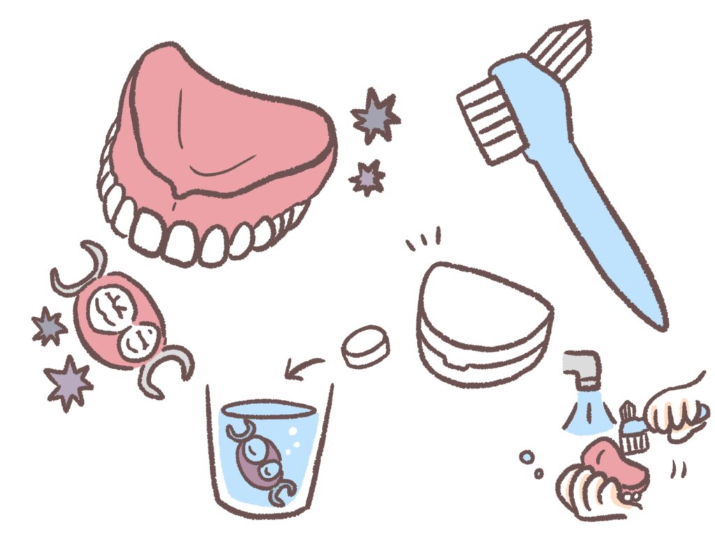 入れ歯清掃のイラスト｜義歯用ブラシと洗浄剤での手入れ方法