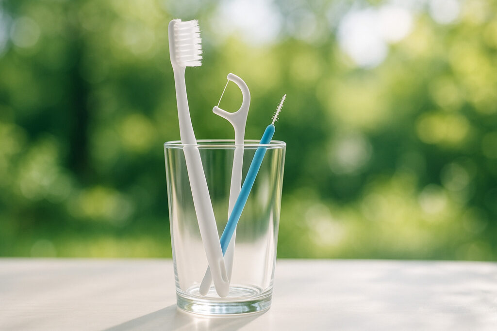 歯ブラシやフロスを使った毎日の口腔ケアの様子