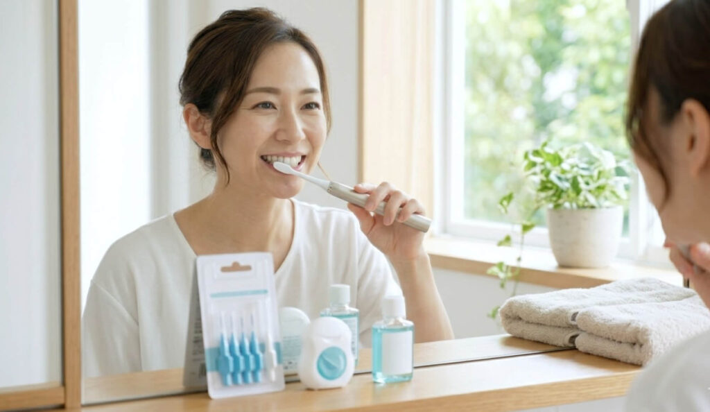 自宅の洗面所で、鏡の前で丁寧に歯を磨き、健康な口元を維持する自信に満ちた日本人女性