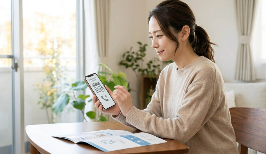 自宅で、スマートフォンからインプラント相談予約を入力する、安心感と決意のある日本人女性