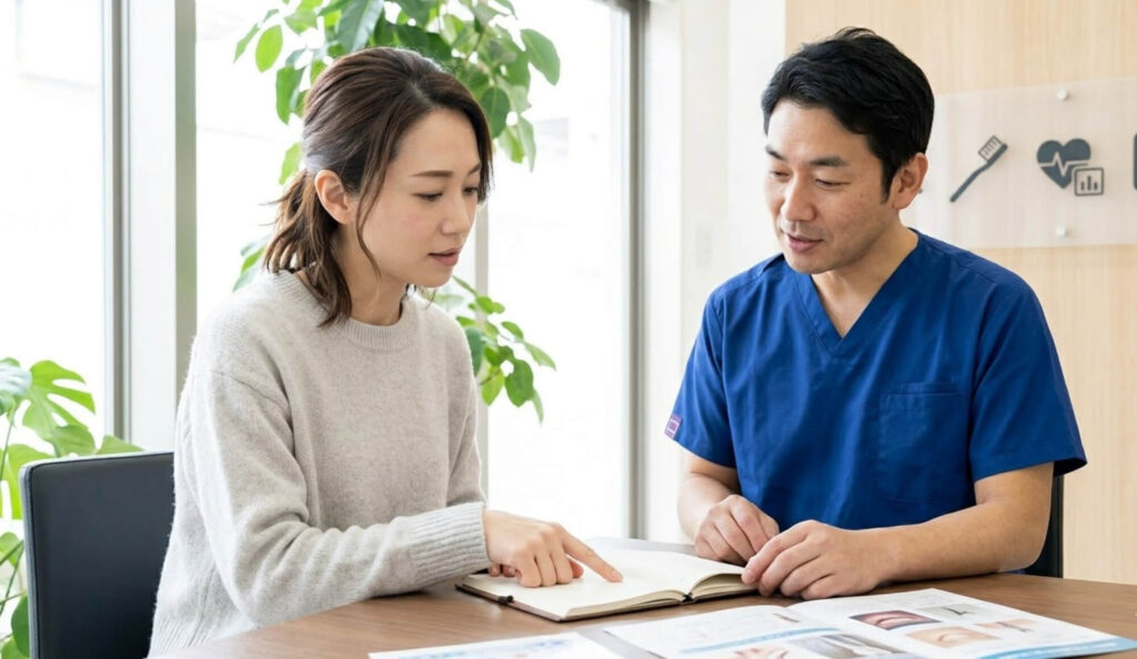 歯科医院で、治療計画などのチェックポイントについて、歯科医師に質問し確認する日本人女性