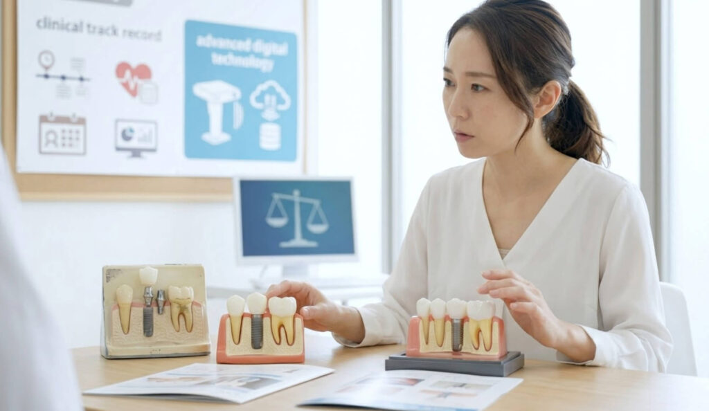 異なるインプラント資料を真剣に比較検討する日本人女性