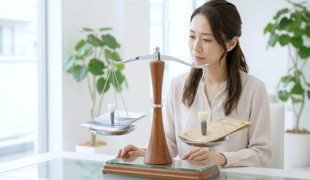 洗練された天秤を用い、異なるインプラントの価値を熟考する日本人女性
