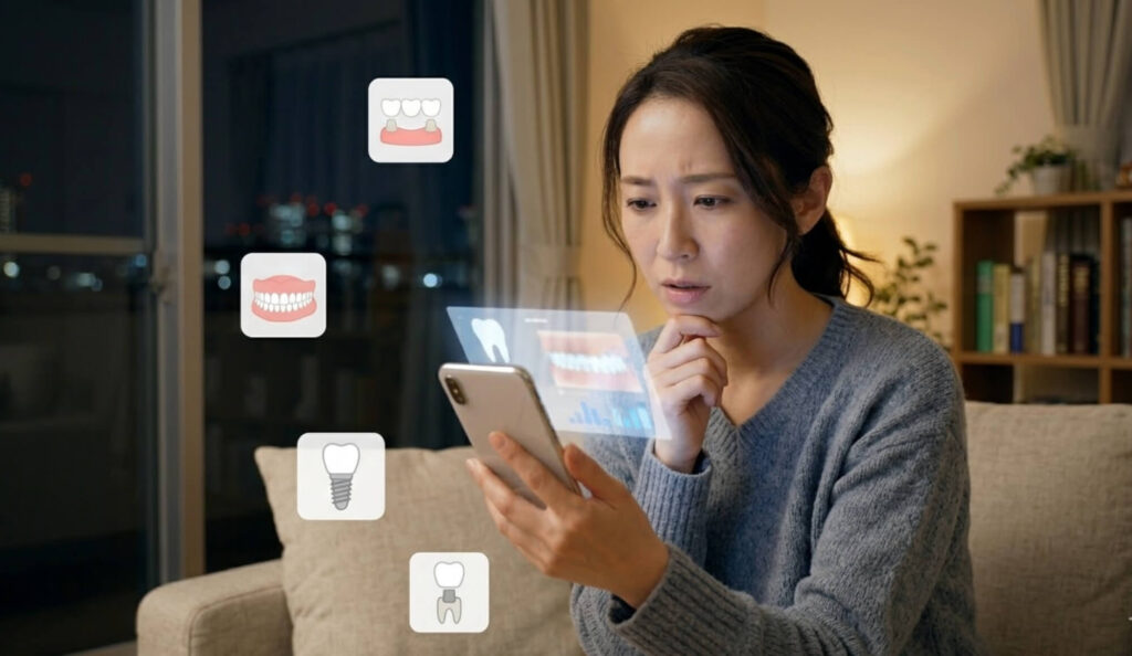 自宅のリビングで、スマートフォンを手に、インターネット上の多様なインプラント情報の中で、自分に合う治療を迷う日本人女性