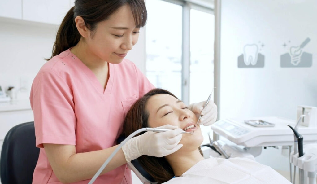 歯科医院でプロフェッショナルなインプラントメンテナンスを受ける、リラックスした表情の日本人女性