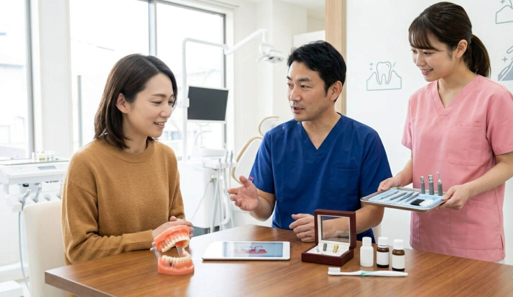 歯科医院で、歯科医師とスタッフから包括的なインプラント治療アプローチについて説明を受ける、納得した表情の日本人女性