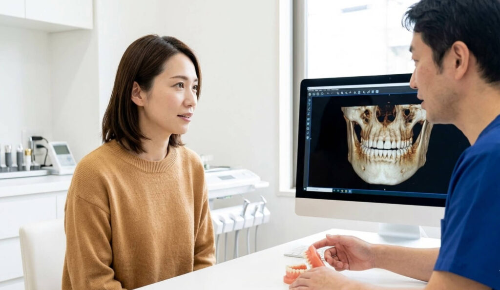 歯科医師からCT画像を用いた丁寧な説明を受ける日本人女性