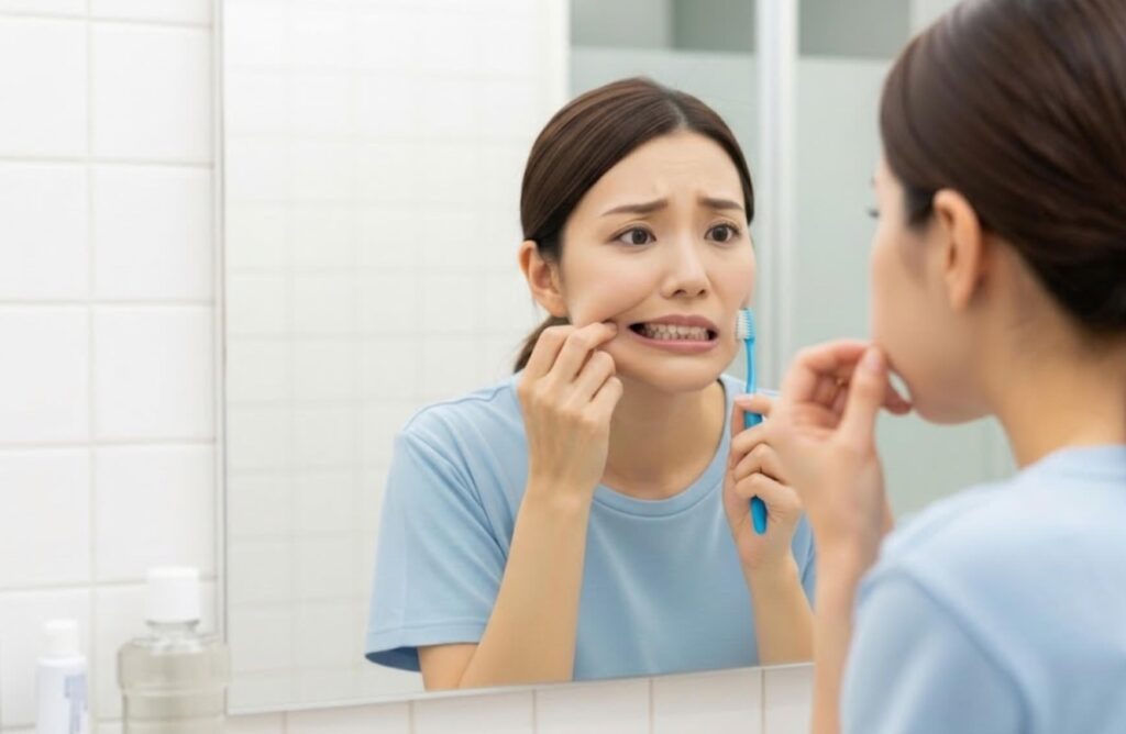 鏡を見ながら奥歯の腫れや違和感を確認する日本人女性