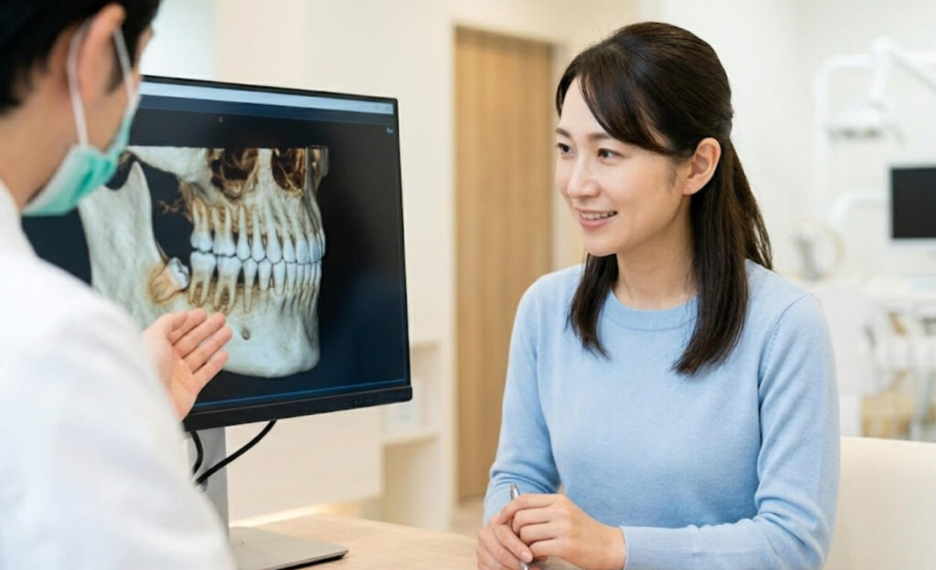 歯科用CTの3D画像を見ながら説明を受け、納得して頷く日本人女性