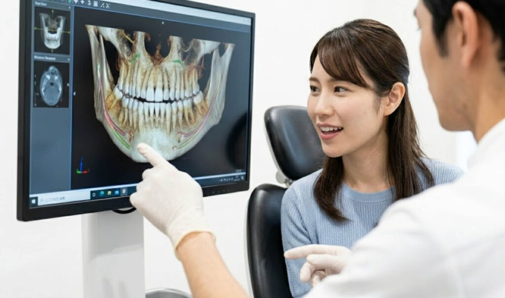 精密な歯科用CT診断により、痛みの少ない親知らず治療へ向けて安心する女性患者