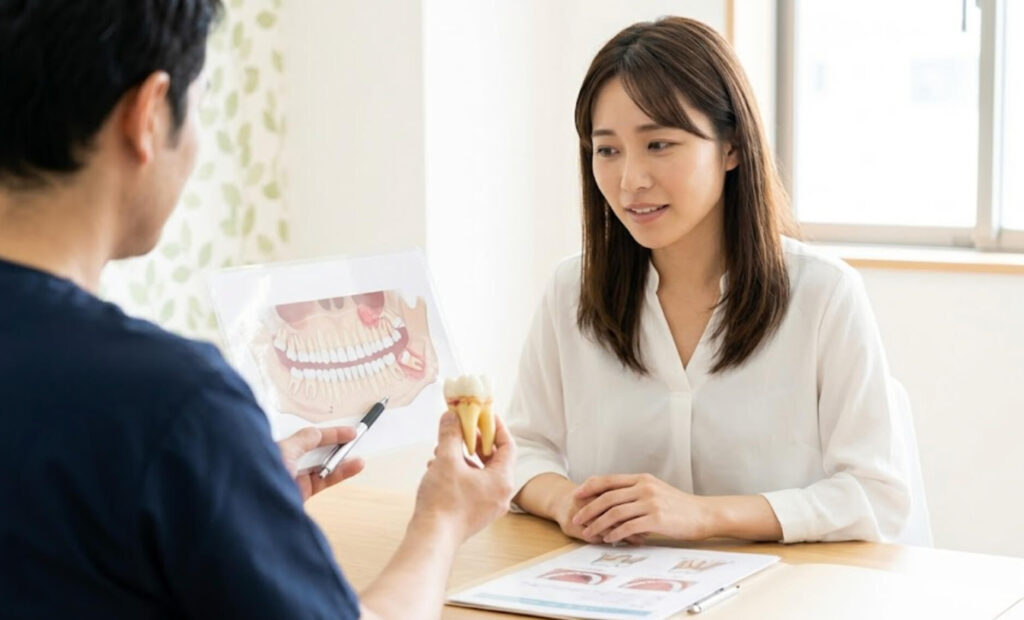 歯科医院の明るいカウンセリングスペースで、歯科医師から歯の模型を使って親知らずの説明を熱心に受ける日本人女性の様子