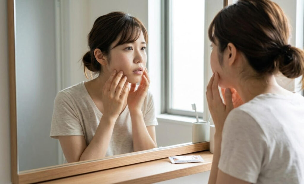 親知らず抜歯後、鏡を見ながら少し腫れた頬を気にする日本人女性の様子