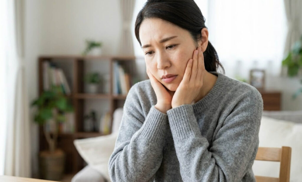 顎をさすり、痛みを感じている日本人女性の様子