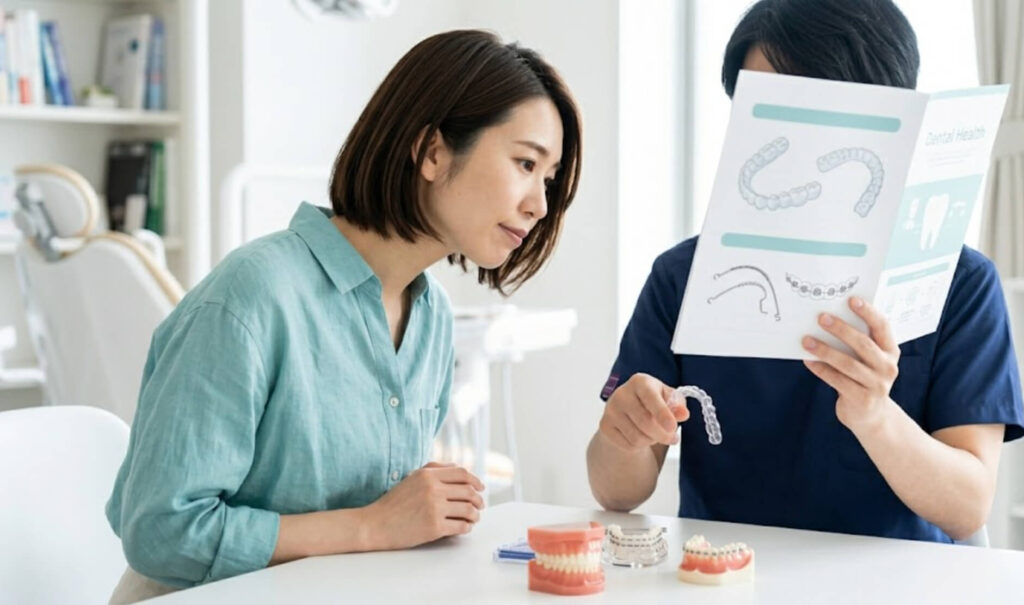 歯科医師から矯正治療の種類について説明を受ける日本人女性の様子