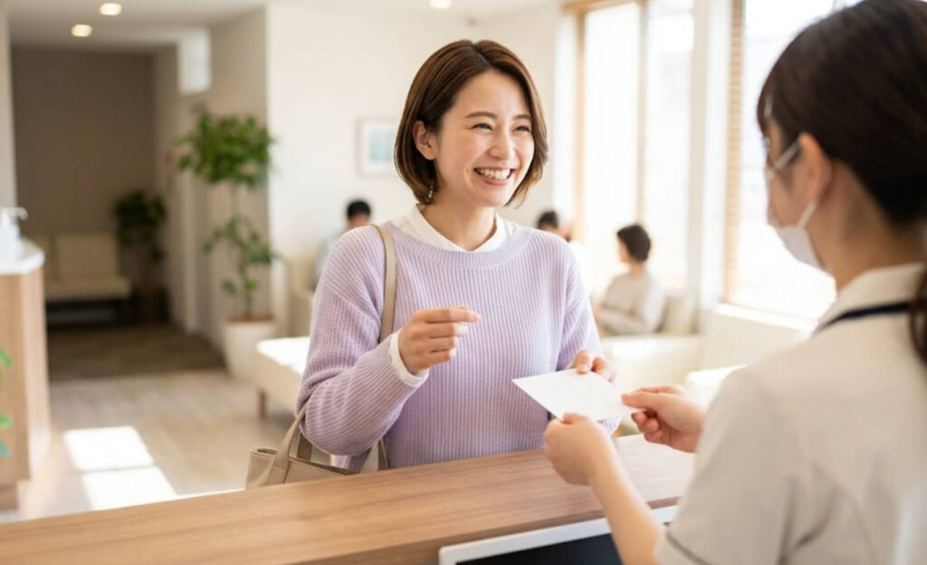 診察を終え、晴れやかな笑顔で歯科医院の受付に立つ日本人女性