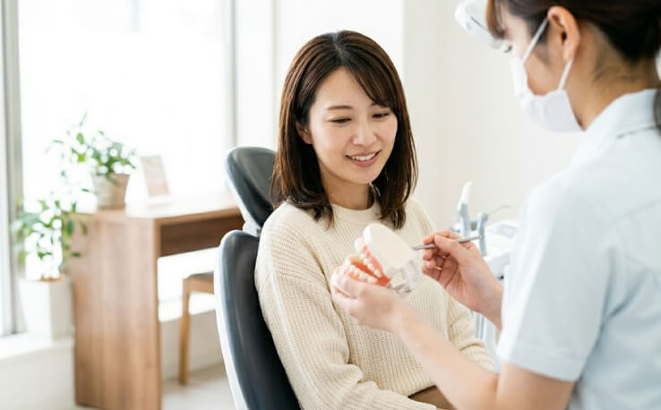 歯科衛生士から予防歯科の説明を受ける日本人女性