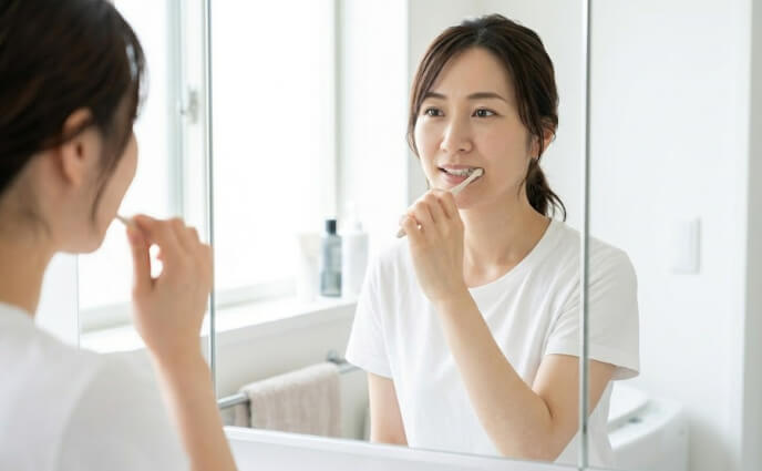 明るい洗面所の鏡の前で、やわらかい歯ブラシを使い穏やかな表情で歯を磨く日本人女性。