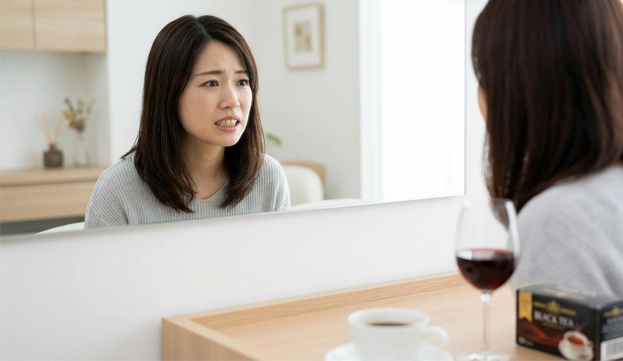 歯科医院でのオフィスホワイトニングと自宅でのホームホワイトニングを比較する様子