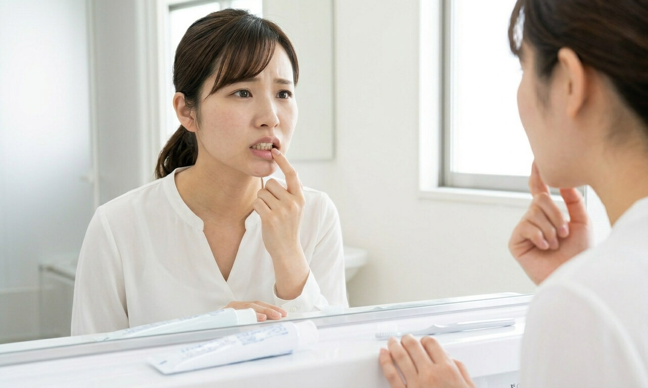 歯ぐきの腫れ放置によるリスクを懸念し、歯の安定性を確認する女性の様子