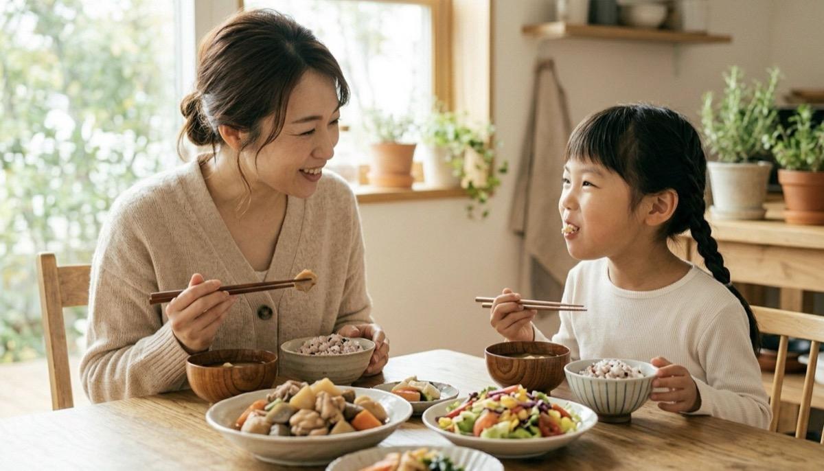 親子で噛みごたえのある和食を取り入れている様子