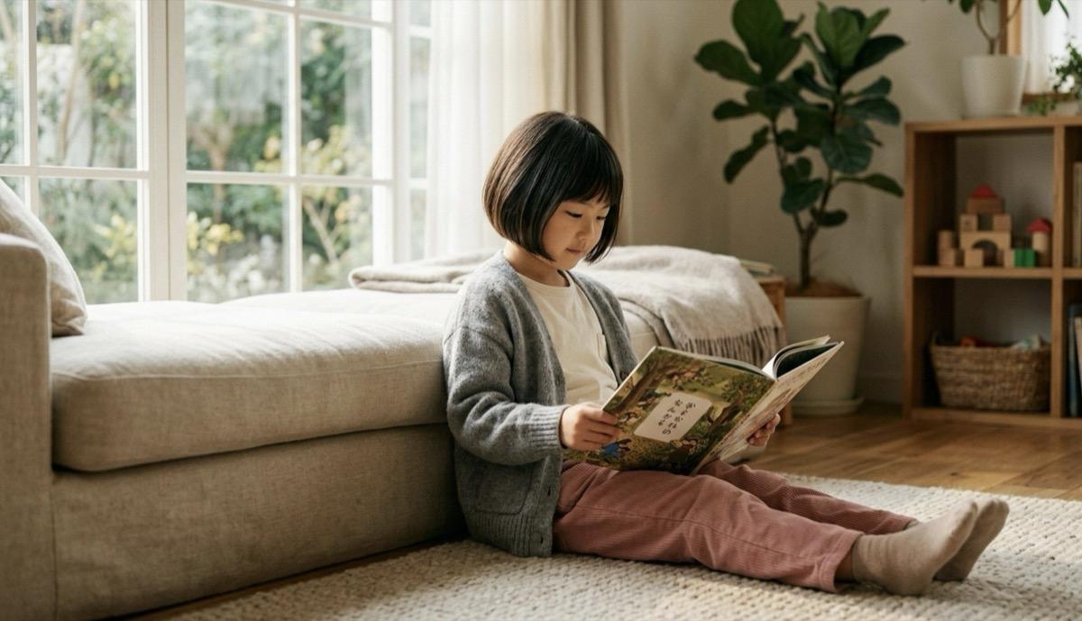 お子さまが自宅でリラックスして読書を楽しんでいる様子