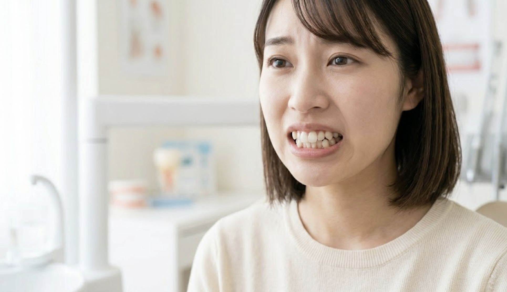 歯が綺麗に一列に並ぶためのスペースが不足し、前後に重なり合って生えている叢生（そうせい）の歯並びの様子
