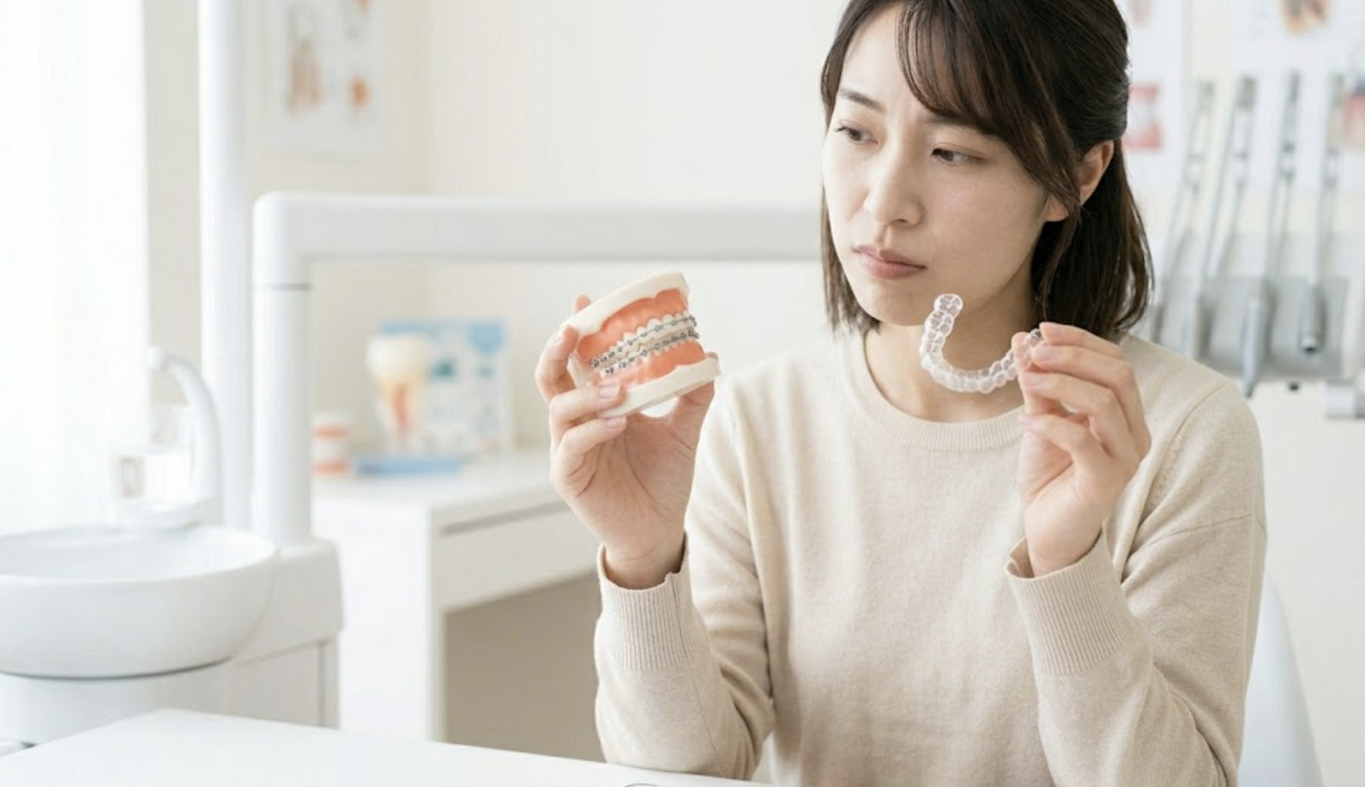 ガタガタの歯並びを治すために、マウスピース矯正とワイヤー矯正のどちらを選ぶか真剣に考える女性の様子