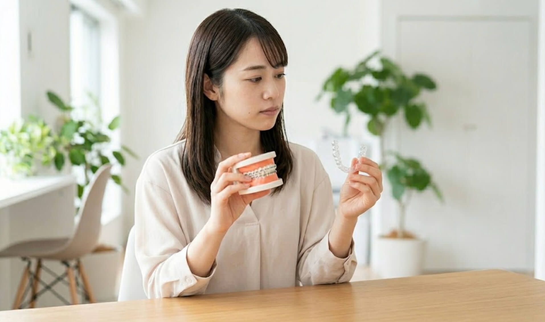 矯正方法を検討するために模型を見る女性の様子