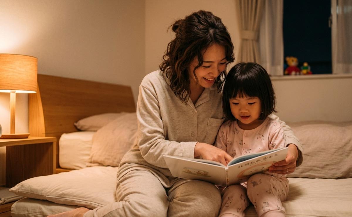 寝る前に絵本を読み聞かせる親子の様子
