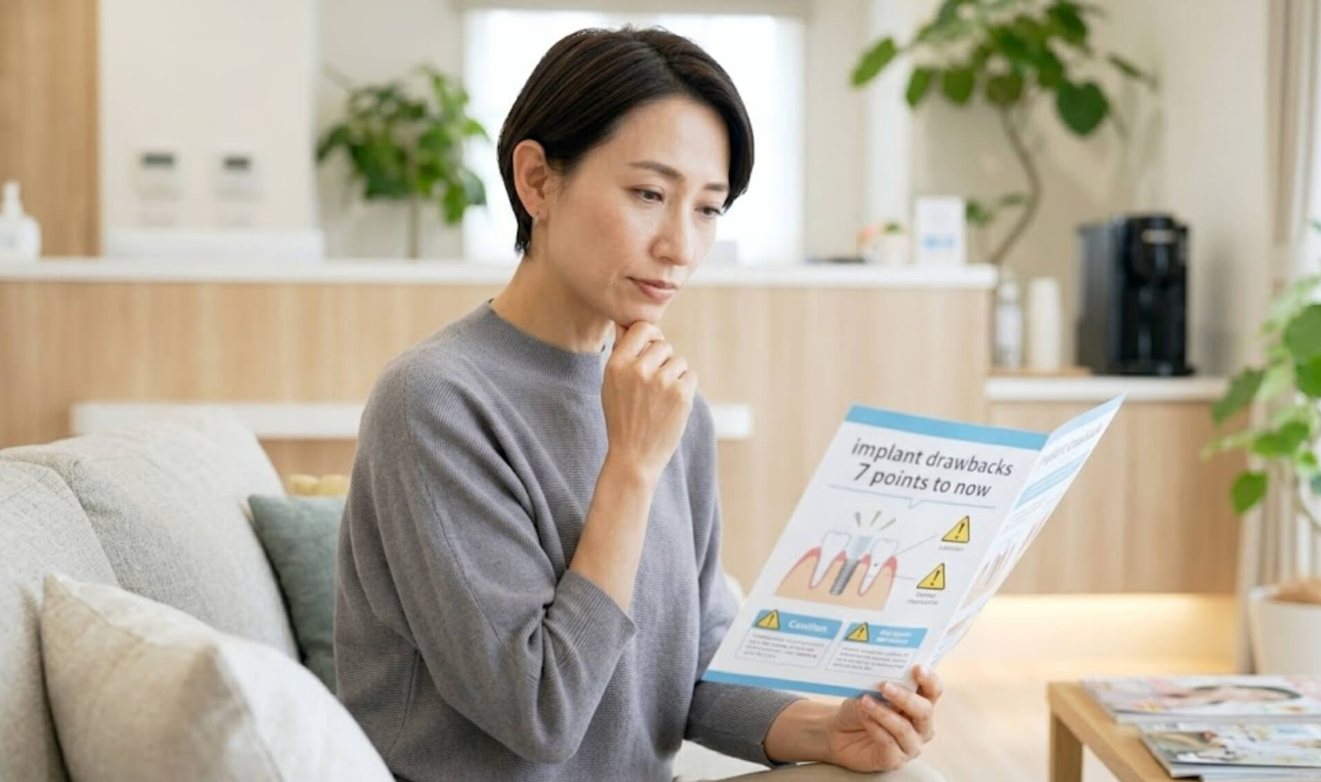 落ち着いた雰囲気の待合室で、インプラントのリスクについて理解しようとする日本人女性の様子