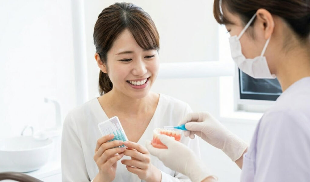 親知らず抜歯後、健康的な笑顔で歯科衛生士からアフターケアの指導を受ける日本人女性の様子