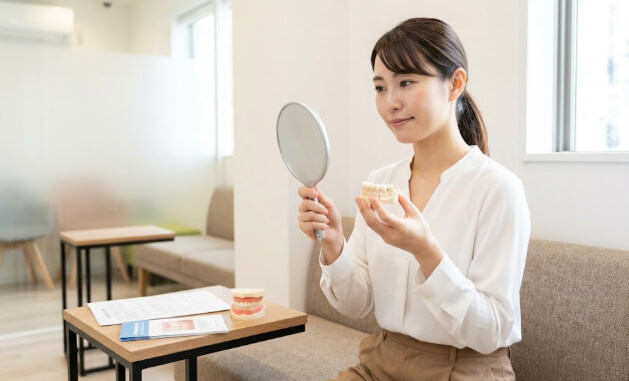 手鏡で歯を確認する日本人女性