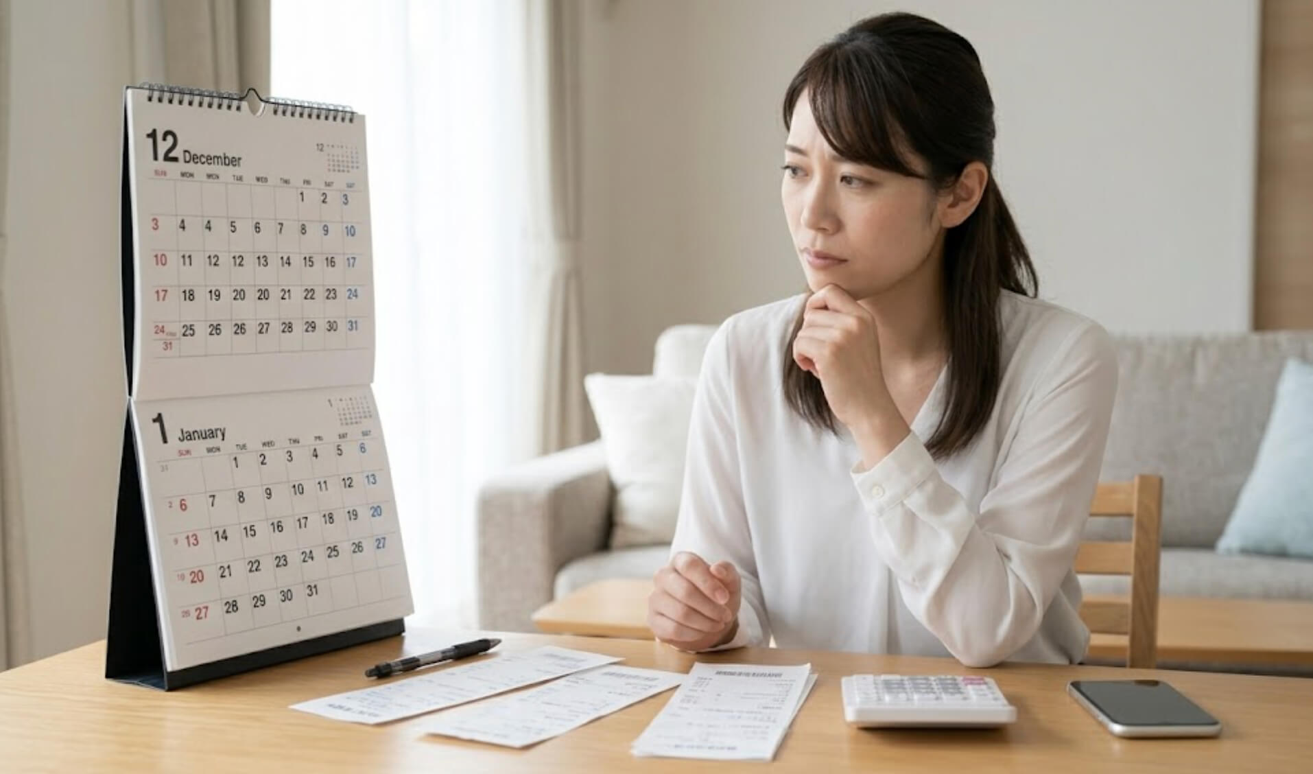 カレンダーを見ながらインプラント費用の支払い計画を立てる日本人女性の様子