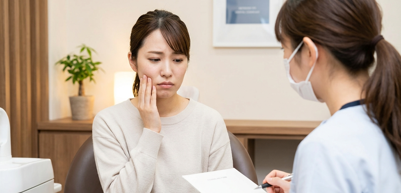歯科医院で頬に手を当てて悩む日本人女性と寄り添う歯科スタッフ