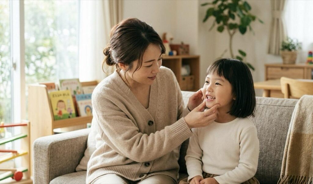 自宅で保護者がお子さまの口元を観察している様子
