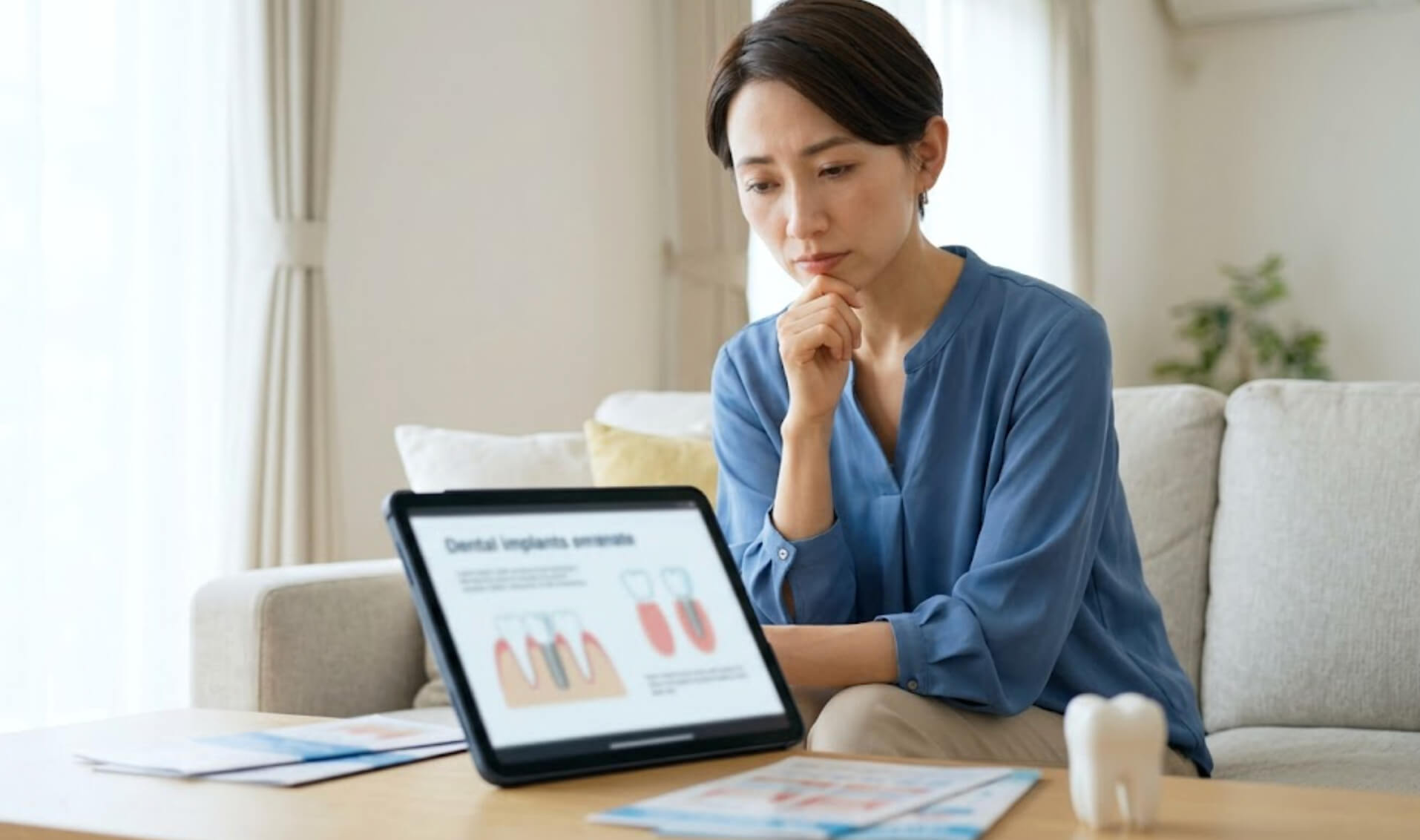 インプラント治療のデメリットをタブレットで調べながら真剣に考え込む日本人女性の様子