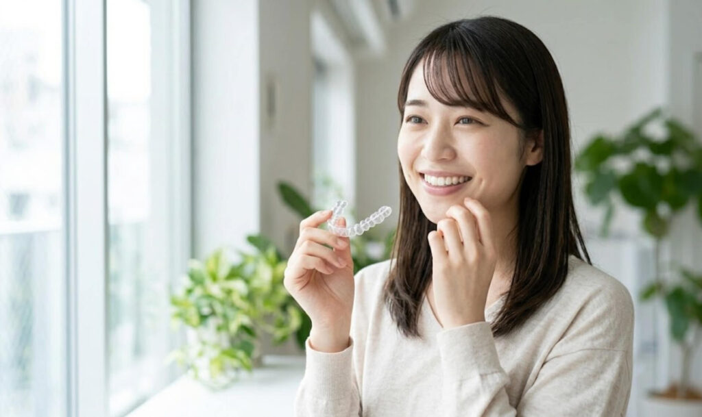 透明なマウスピースを手に持ち、明るい窓辺で自然な笑顔を見せる日本人女性の様子