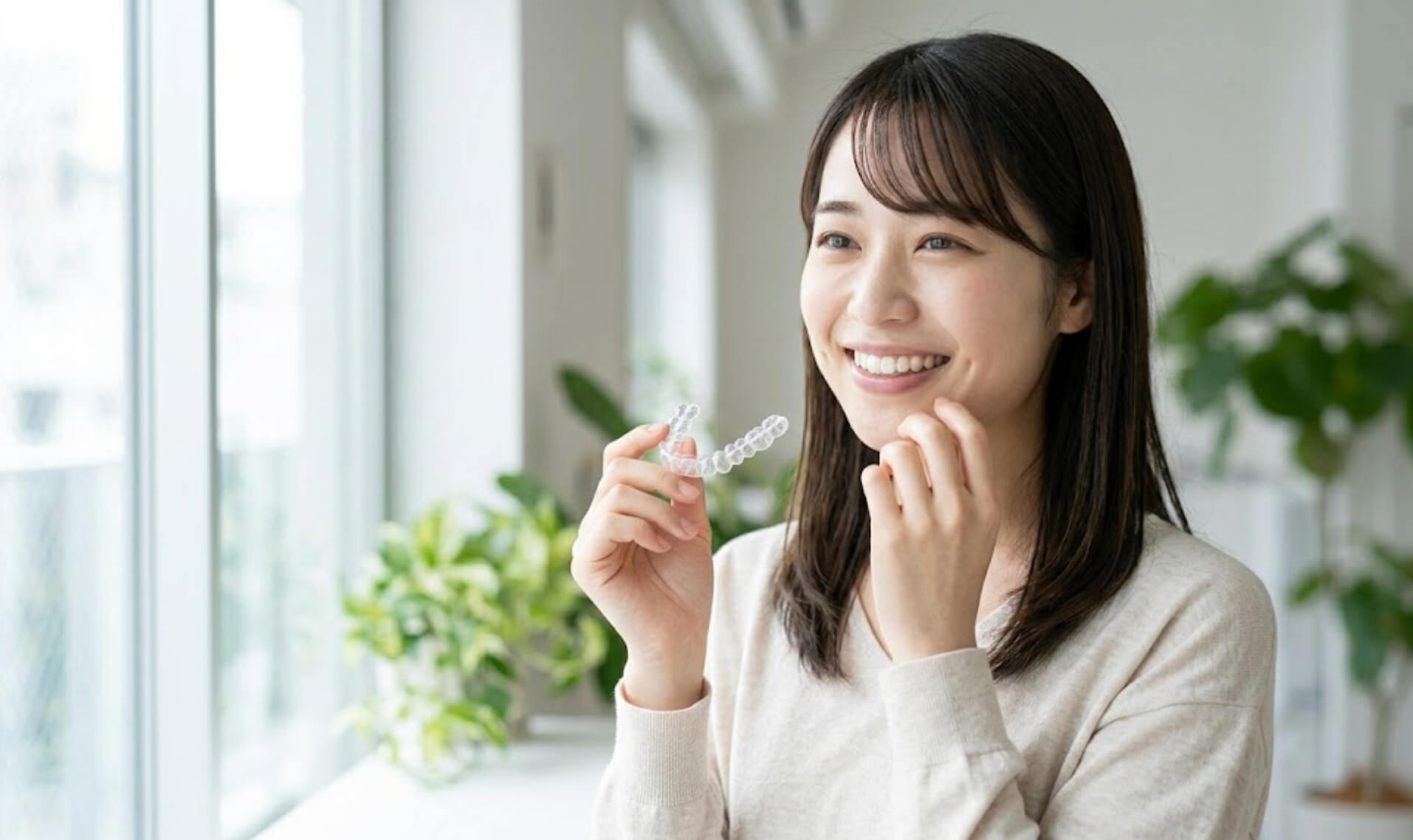 透明なマウスピースを手に持ち、明るい窓辺で自然な笑顔を見せる日本人女性の様子