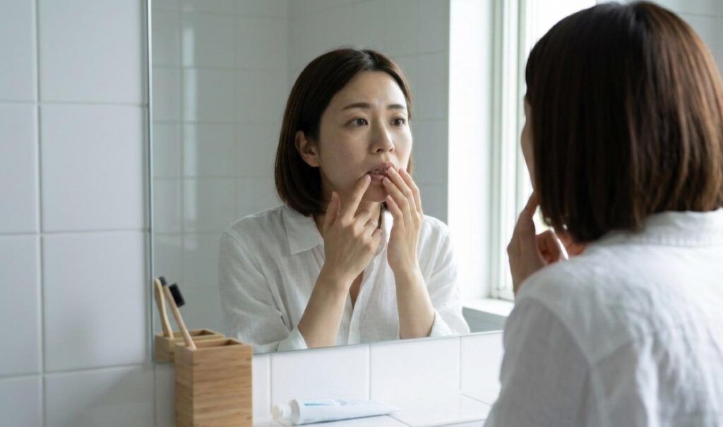 鏡の前で自分の歯ぐきの状態を気にしている女性の様子