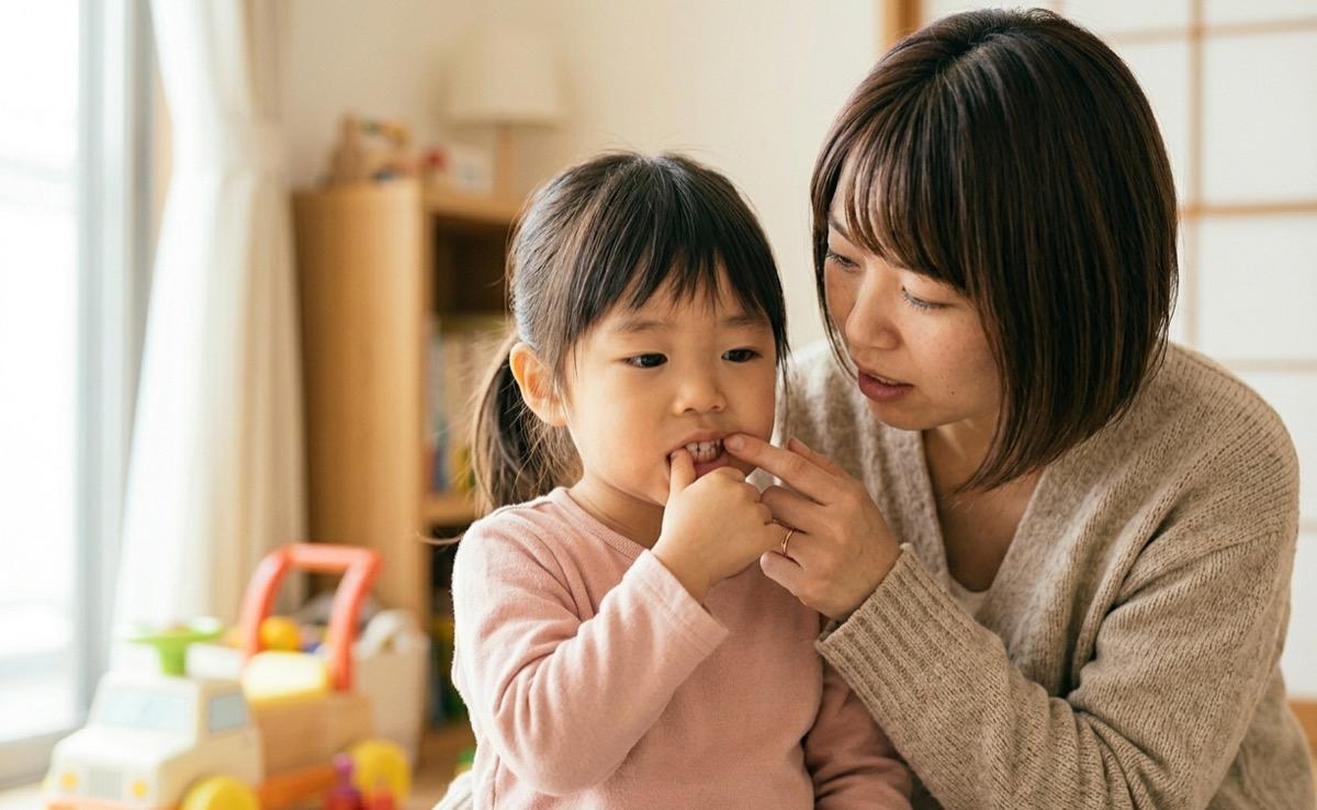 子どもの歯並びを母親が確認する様子