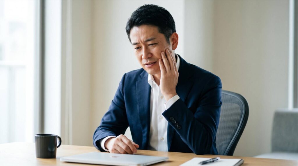 歯の痛みで頬を押さえる男性の様子