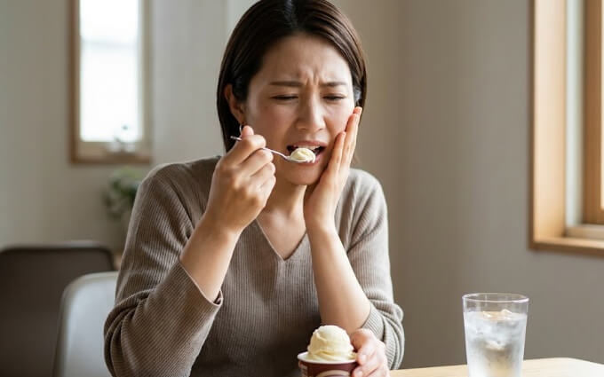 冷たいアイスクリームを食べて、歯がしみて頬を抑え顔をしかめる日本人女性。