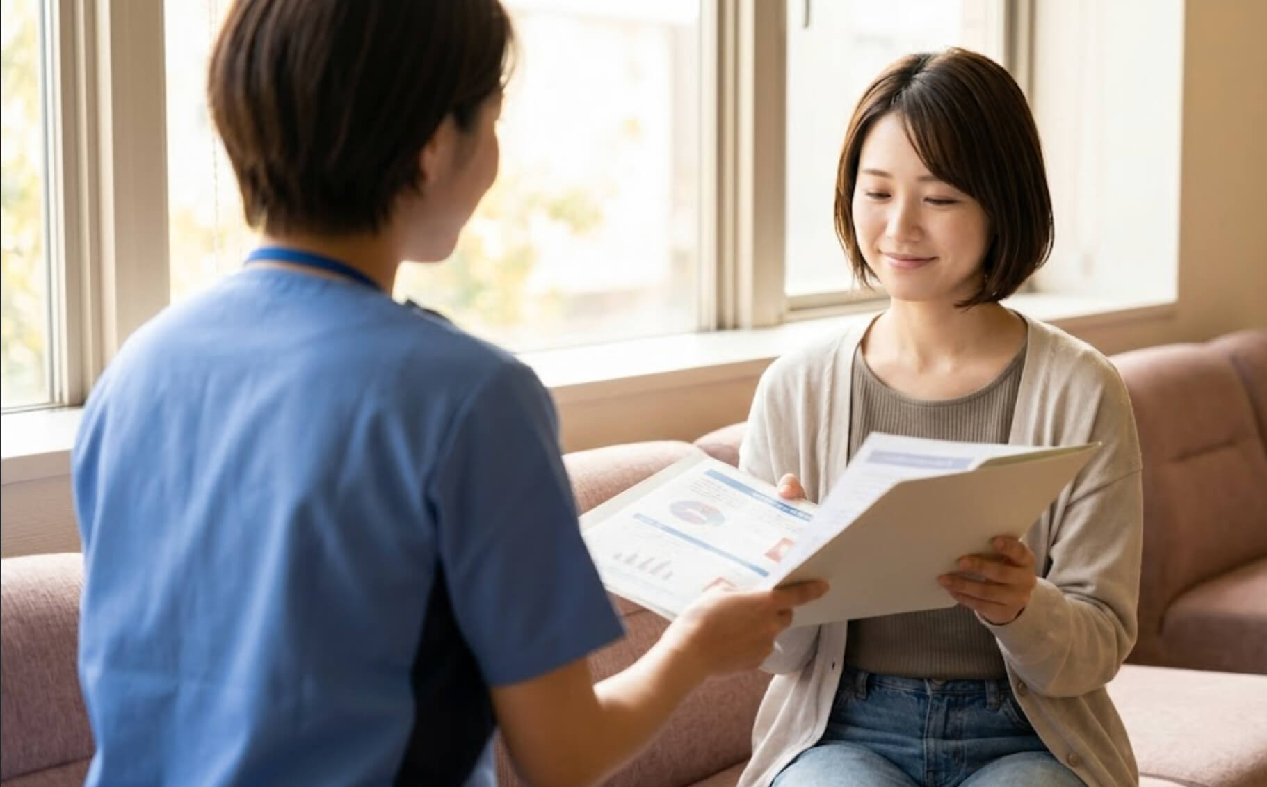 MRI検査の結果報告書を手に、病院の待合室で安堵した笑顔を見せる日本人女性