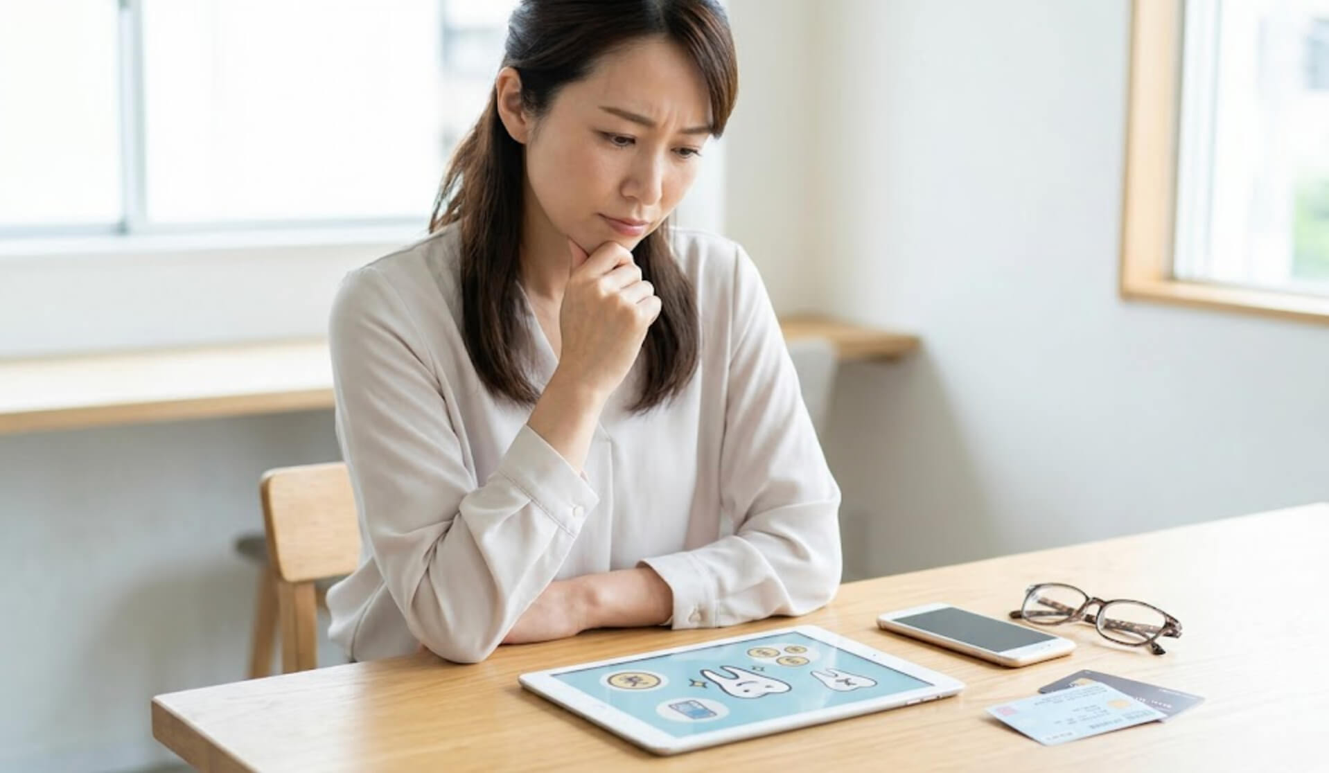 カフェでタブレットを見ながら、インプラント治療の費用と保険適用について悩む日本人女性の様子