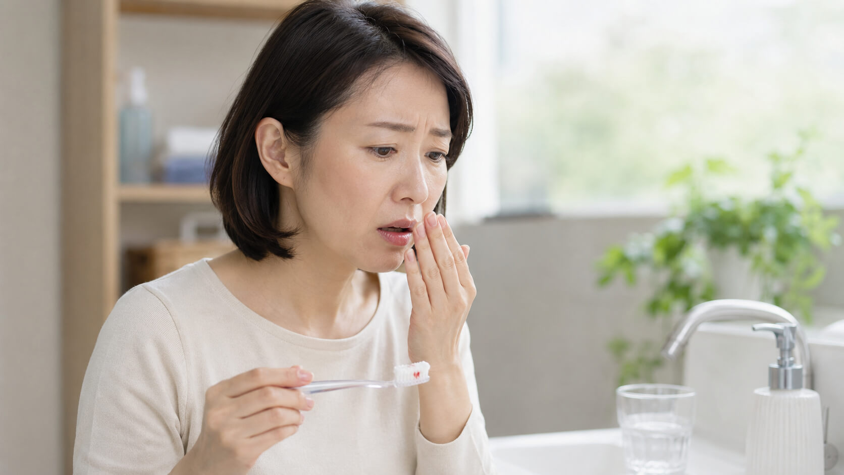 歯ブラシの出血に気づいて口元を確認する女性の様子