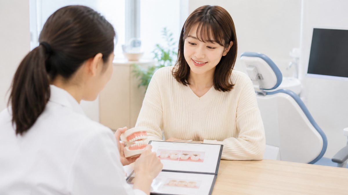 歯科医院で詰め物について説明を受ける女性の様子