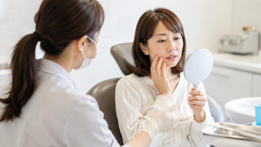 歯科医院で歯の状態を確認する女性の様子