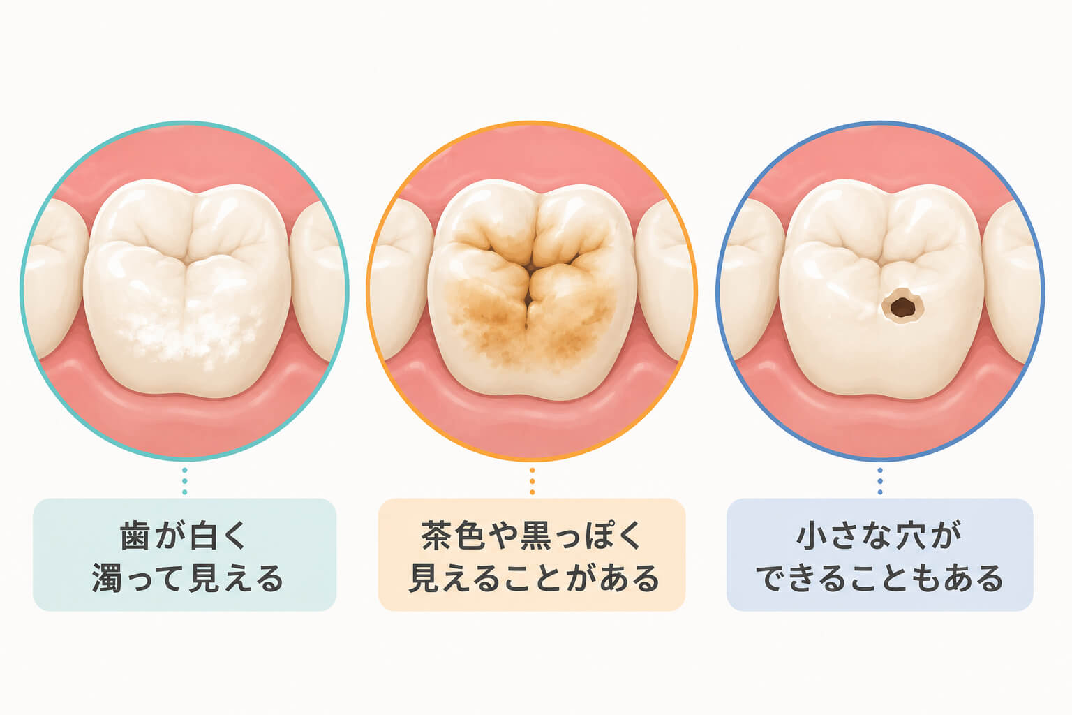 初期虫歯の見た目の変化を示した奥歯の図解