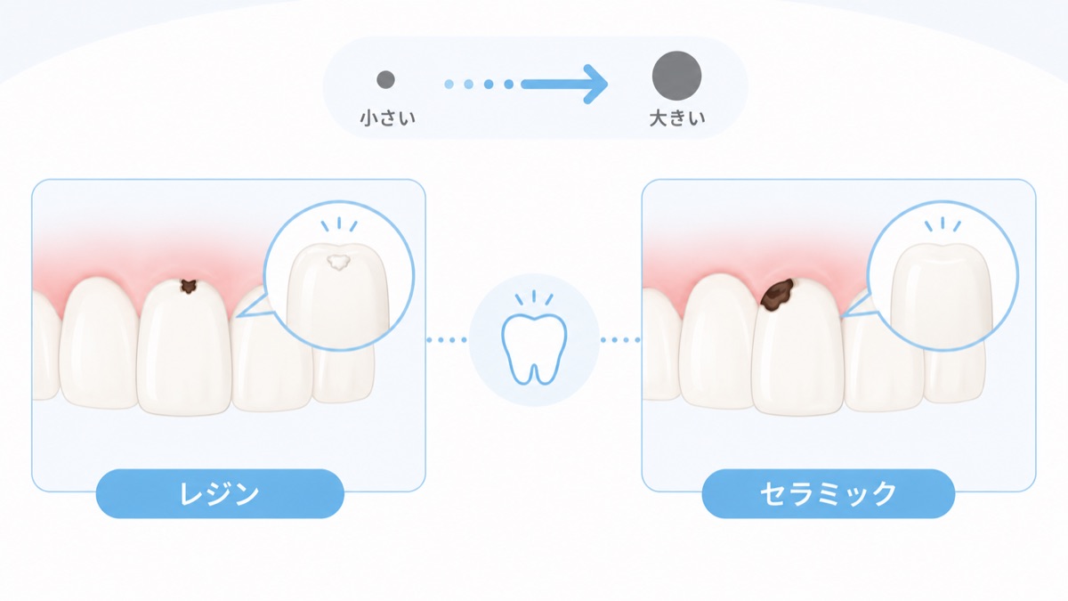 前歯の虫歯治療でレジンとセラミックを比較した図