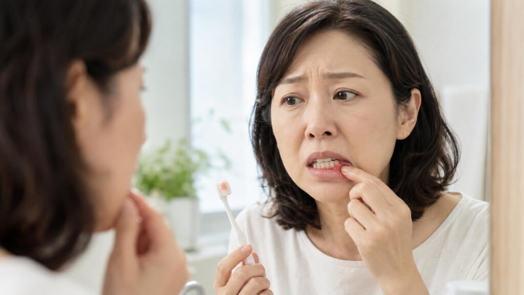 鏡の前で歯茎の状態を確認する日本人女性の様子